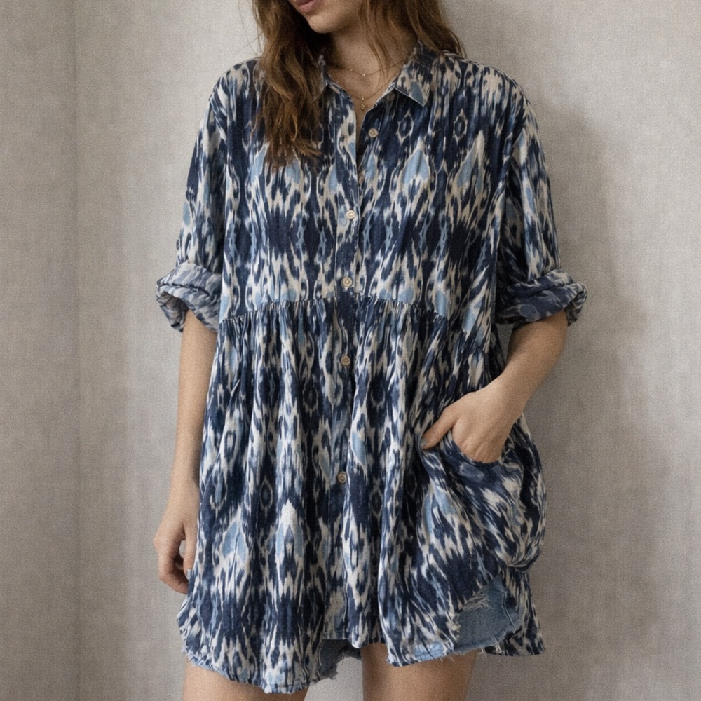 Blue Ikat Mini Shirt Dress - Casual Button-Front